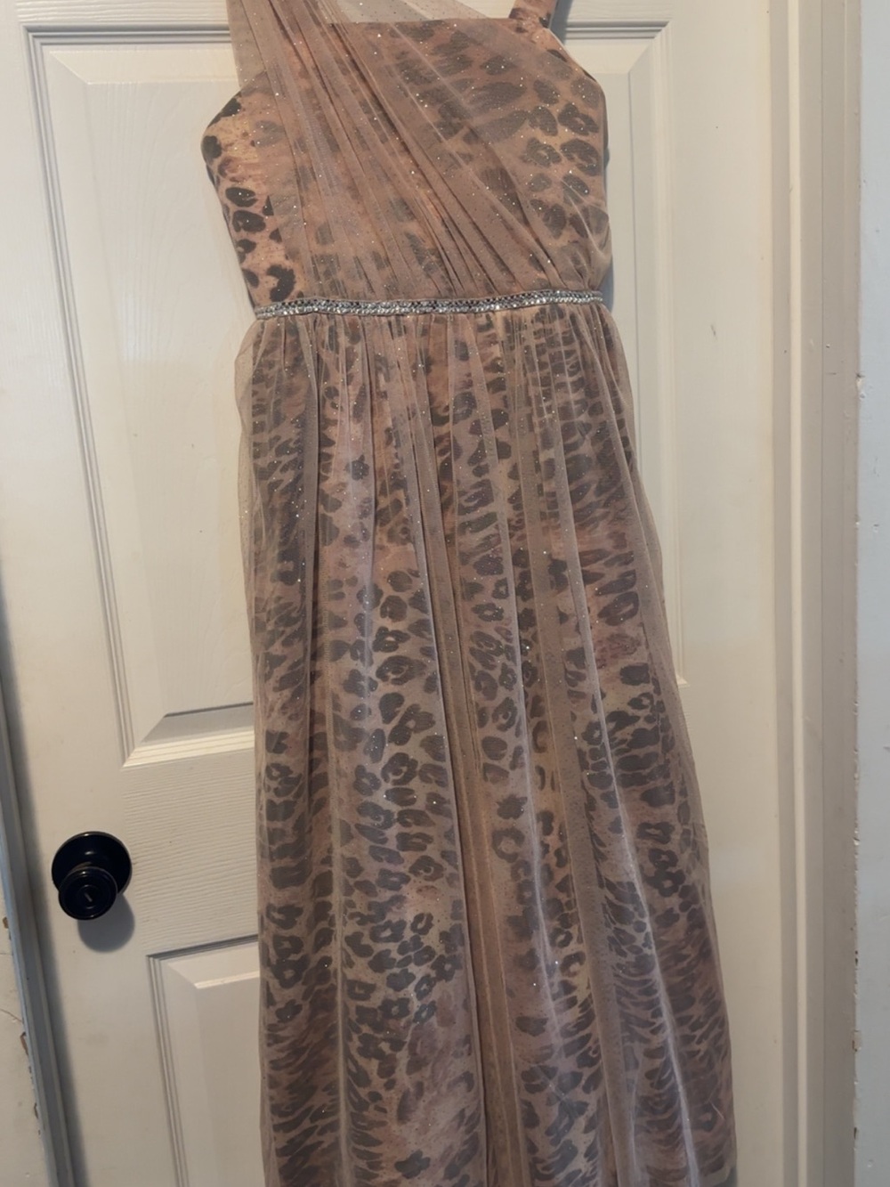 My Michelle Girls' Leopard Print One-Shoulder Tulle Dress in Brown and Black